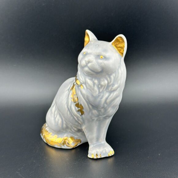 Vintage Porcelain Hand-painted Gold on Gray Sitting Cat Figurine 4.25" H - Picture 6 of 10
